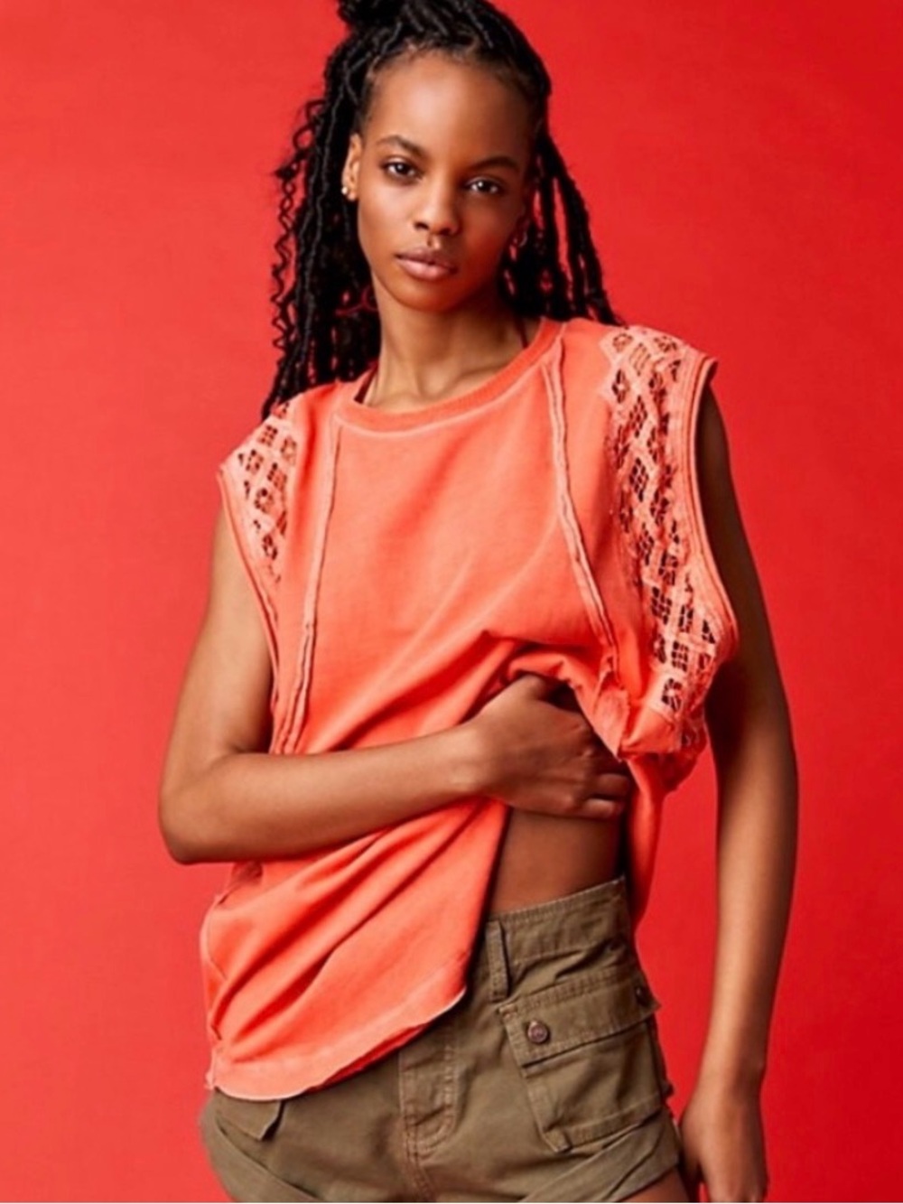 Free People Coral Crochet-Trim Muscle Tee